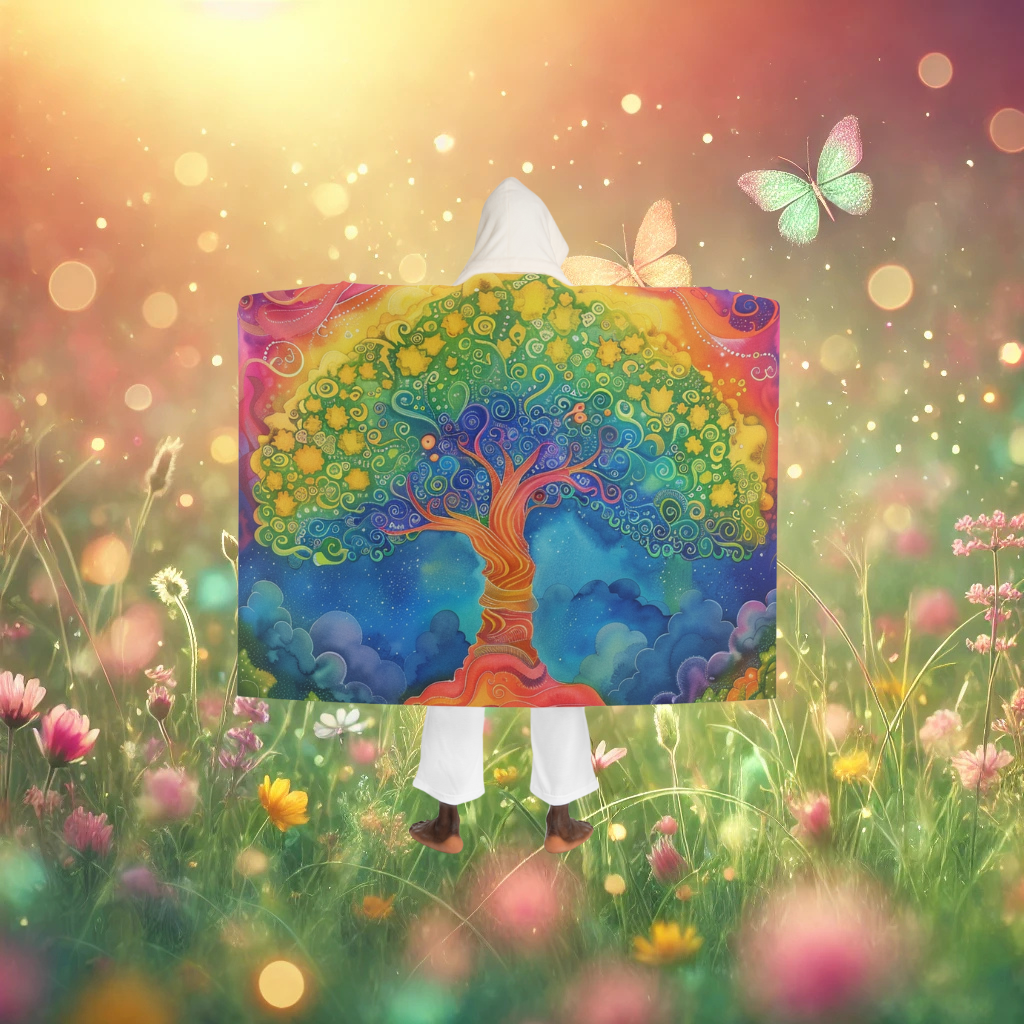 Rainbow Tree Hooded Sherpa Fleece Blanket