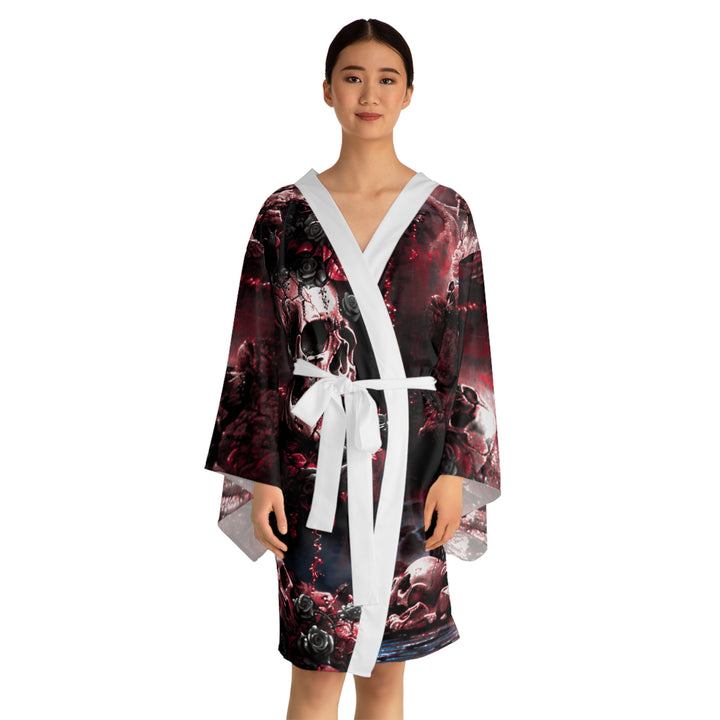 Skulls in Cavern Long Sleeve Kimono Robe (Black and Red)