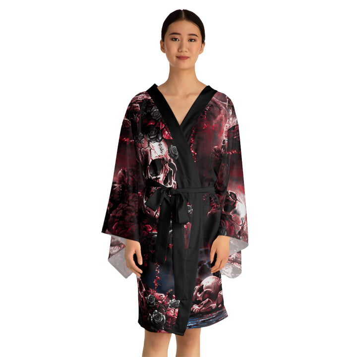 Skulls in Cavern Long Sleeve Kimono Robe (Black and Red)