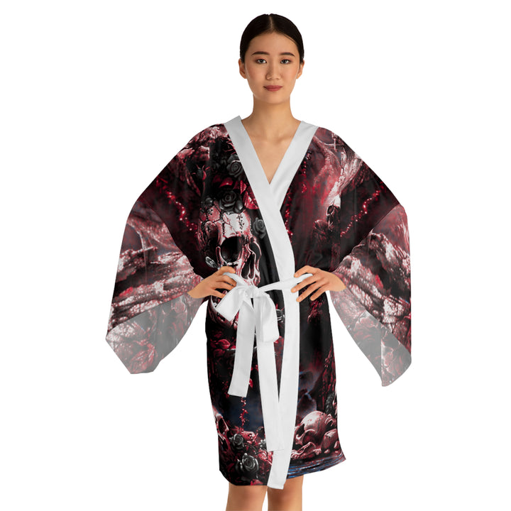 Skulls in Cavern Long Sleeve Kimono Robe (Black and Red)