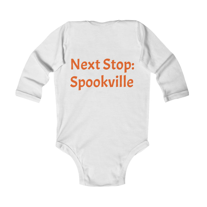 "Next Stop: Spookville Baby Onesie - Tiny Terror Halloween Collection | Soft & Cute Ghost Train Onesie for Babies"