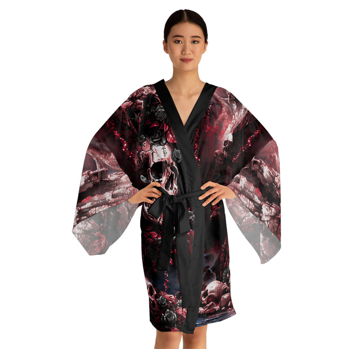 Skulls in Cavern Long Sleeve Kimono Robe (Black and Red)