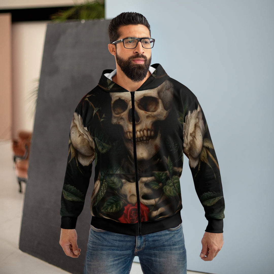 Skull and Roses Unisex Zip Up Hoodie (Black)
