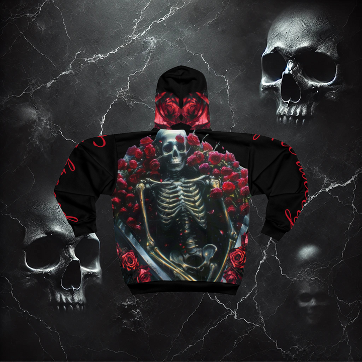 "Mortality Embraced" Skeleton & Roses Full-Zip Hoodie – Gothic Mortality Collection