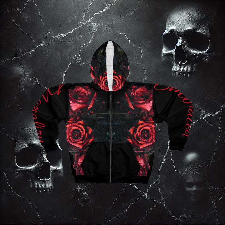 "Mortality Embraced" Skeleton & Roses Full-Zip Hoodie – Gothic Mortality Collection