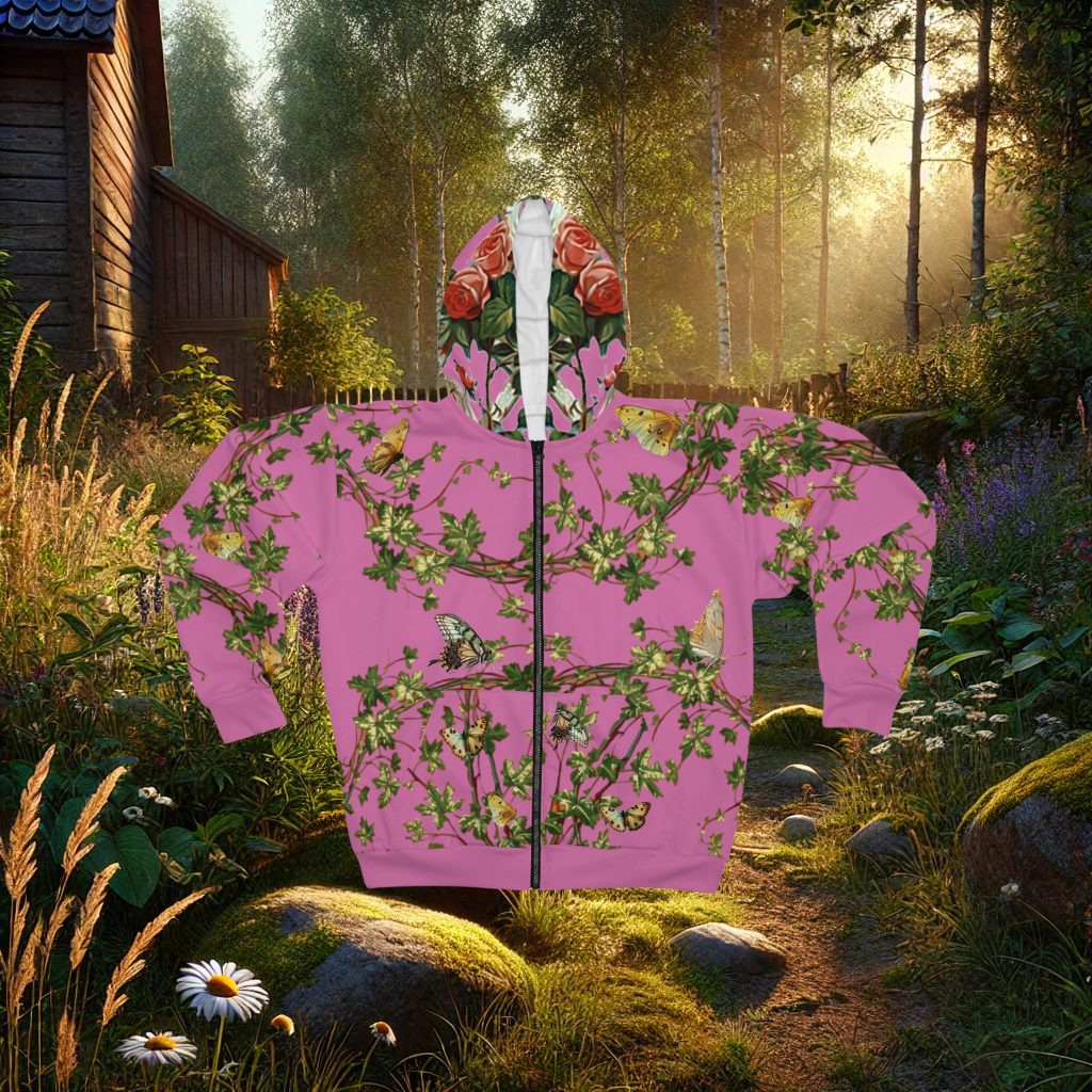 Cozy Cottage Butterfly and Rose Unisex Zip up Hoodie (pink)