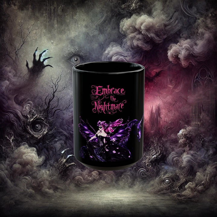 Embrace the Nightmare Fairytale of Fear Unicorn and Fairy Black Mug