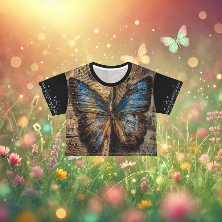 Blue Butterfly Crop Tee (Black)