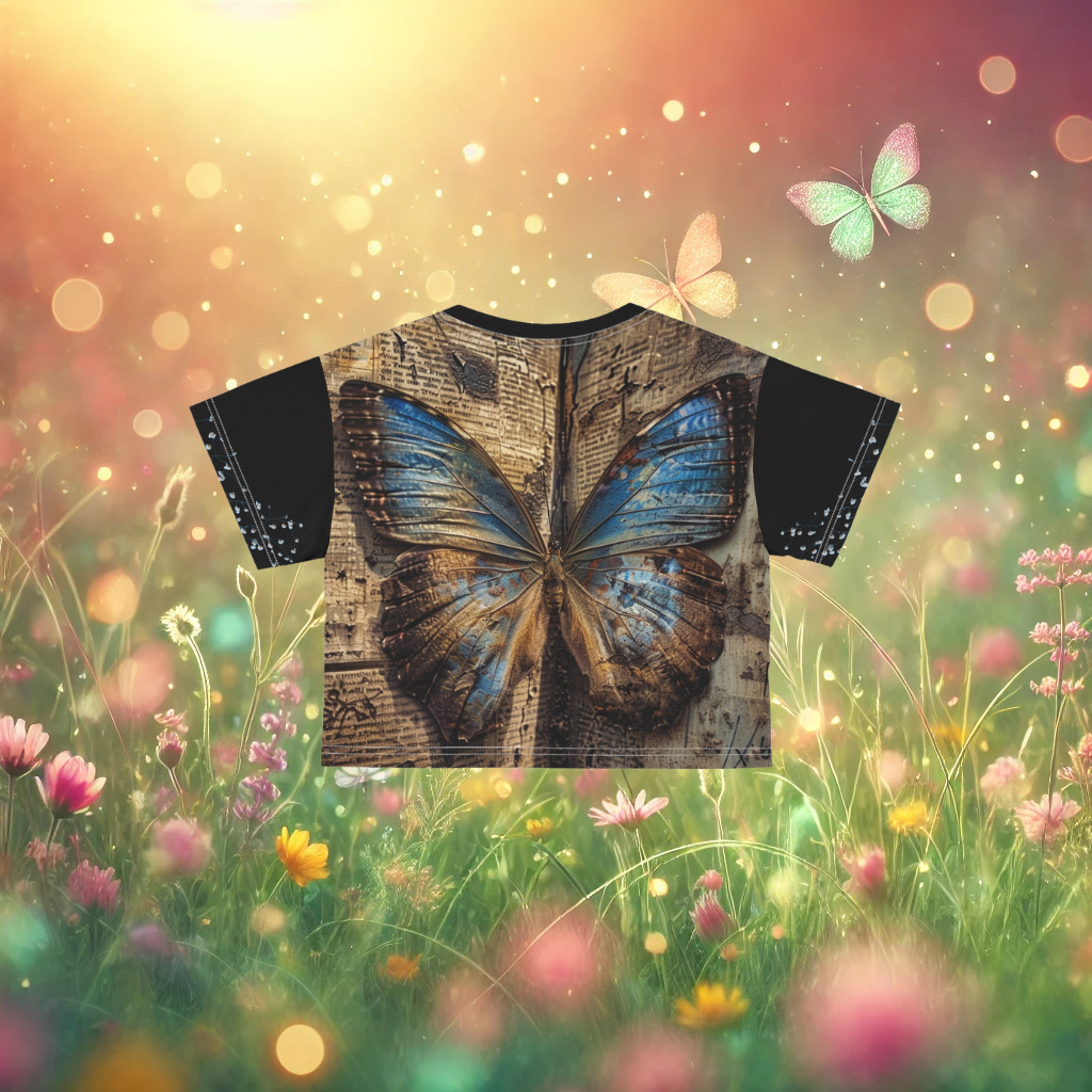 Blue Butterfly Crop Tee (Black)