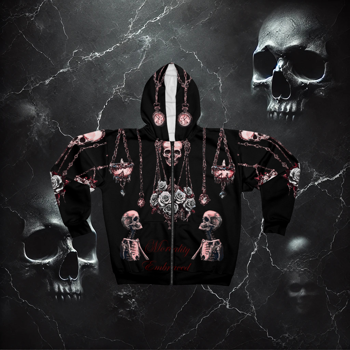 Mortality Embraced Macabre Grace Unisex Zip Hoodie (Black)
